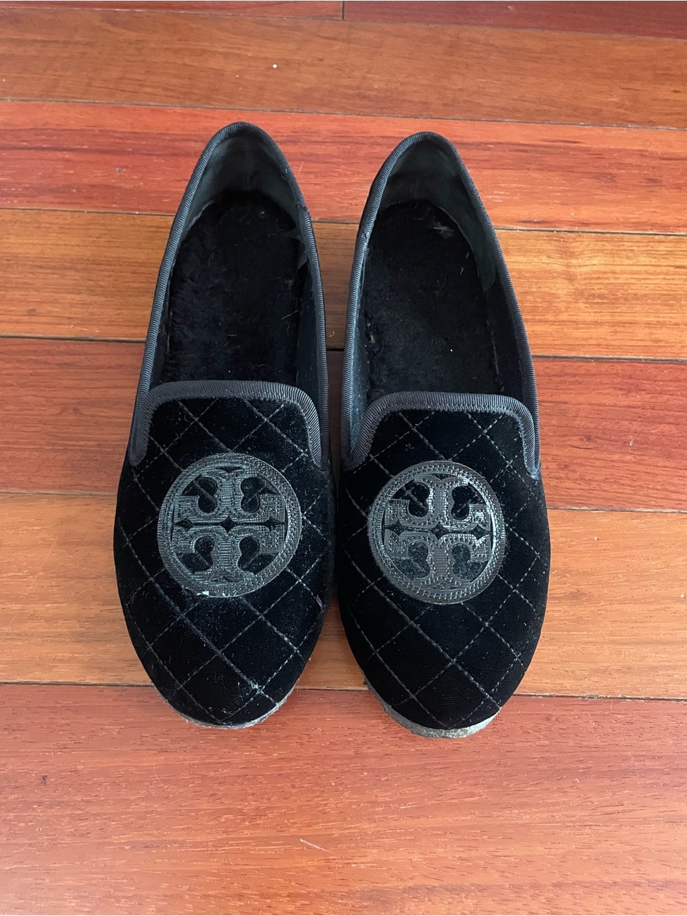 Tory Burch Black Quilted Velvet Logo Slip-On Loafers